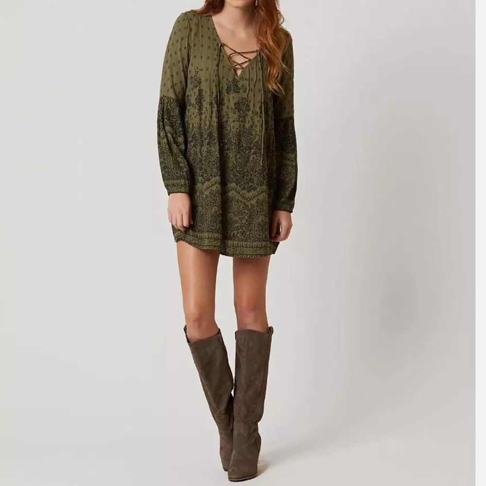 Billabong Just Like You Green Black Boho Paisley Long Sleeve Small Mini Dress